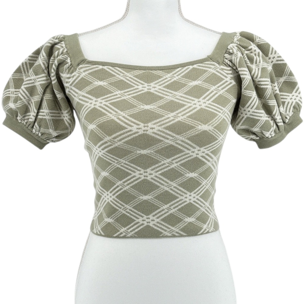 Promesa Sage Green Plaid Puff Sleeve Square Neck Crop Top Medium Cottagecore